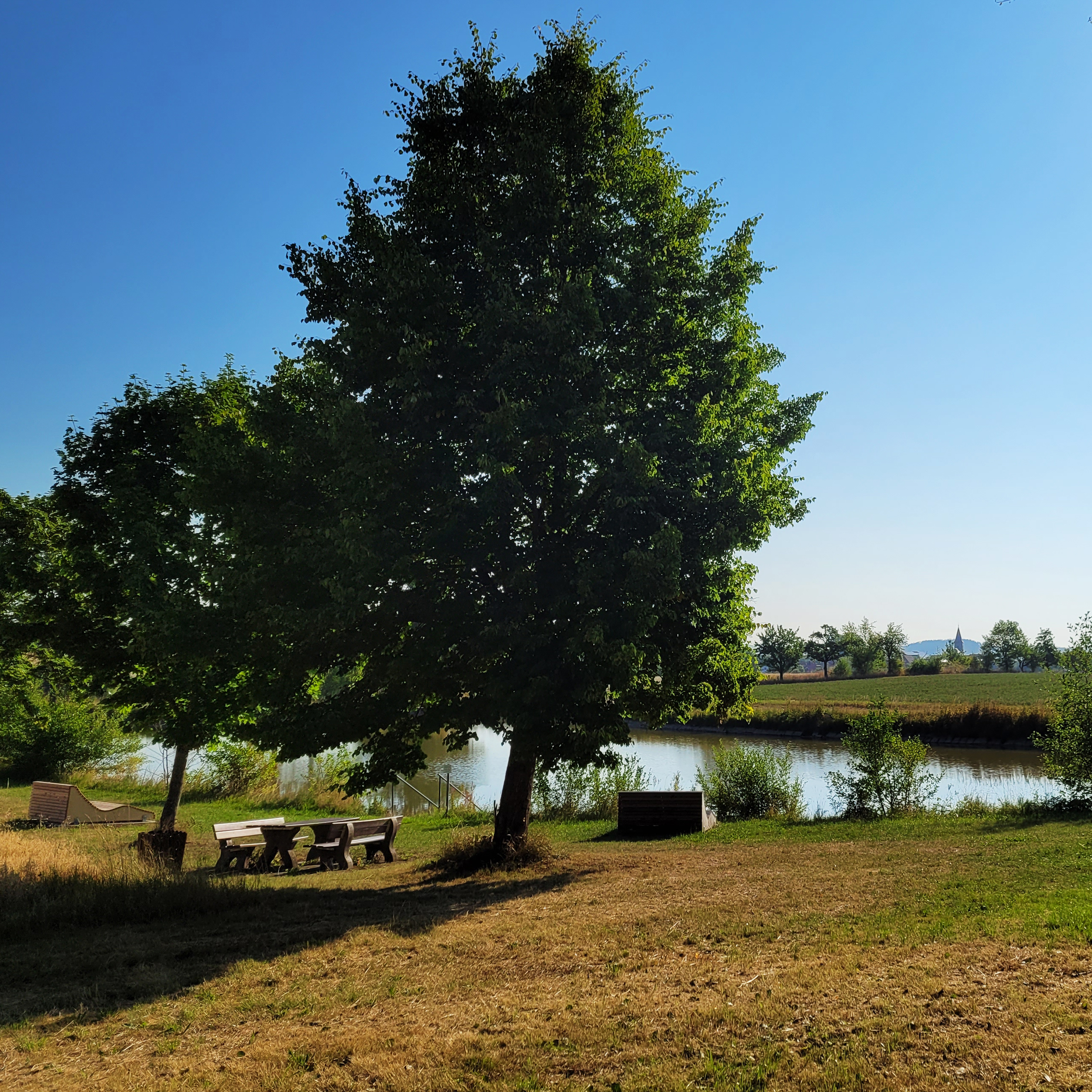 Blick auf die Ruhebänke am Badeweiher Wildenholz